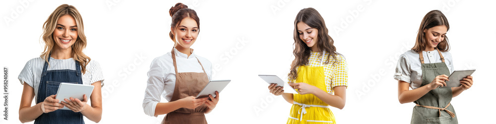 On transparency background, a young woman in an apron is holding a digital tablet, smiling and looking at something On transparency background, a young woman in an apron is holding a digital tablet, smiling and looking at something