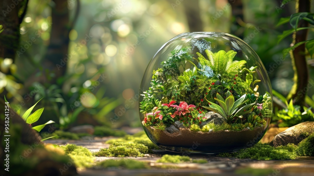 A terrarium with various plants inside, set in a natural environment, creating a peaceful and lush atmosphere. A terrarium with various plants inside, set in a natural environment, creating a peaceful and lush atmosphere.