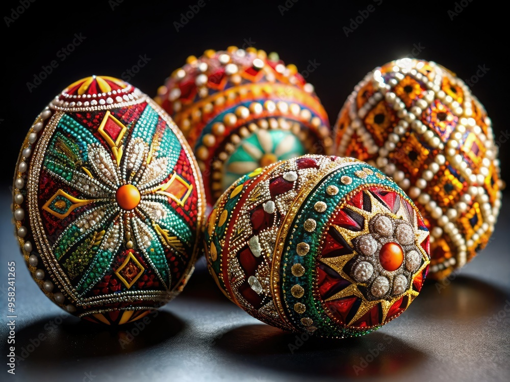 stunning macro image of Ukrainian decorated eggs with intricate beading and metallic accents on dark background with high-key lighting and razor-sharp focus stunning macro image of Ukrainian decorated eggs with intricate beading and metallic accents on dark background with high-key lighting and razor-sharp focus