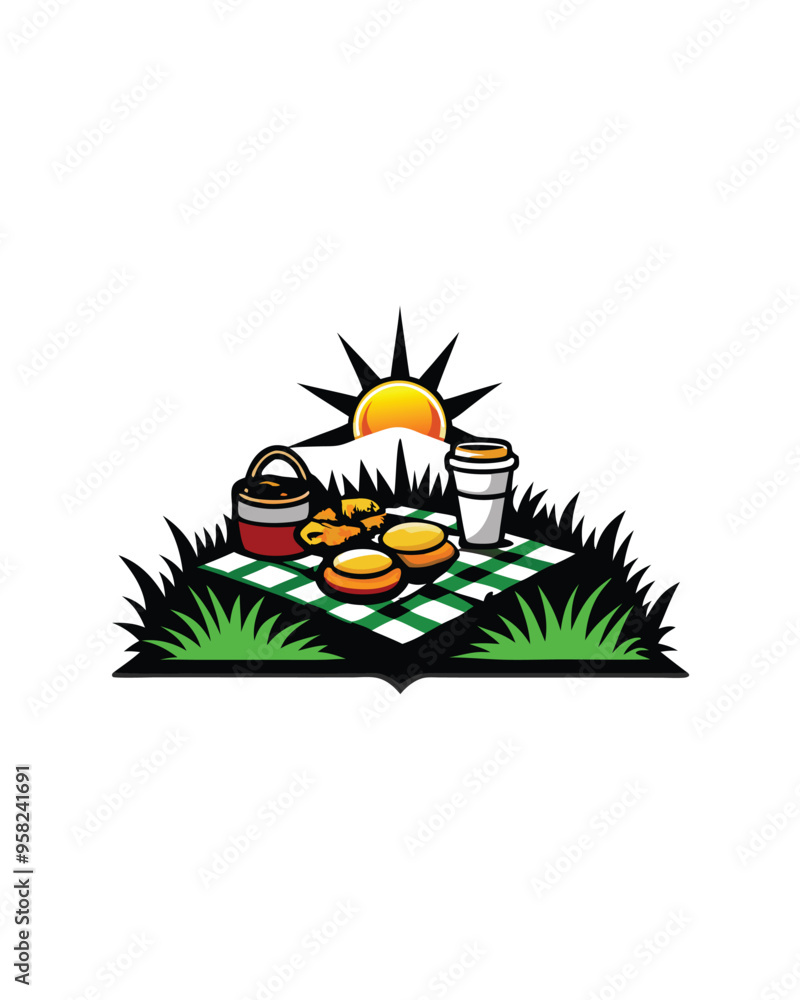 Obraz premium Illustration of a picnic with food, drinks, and a checkered blanket on a sunny day.