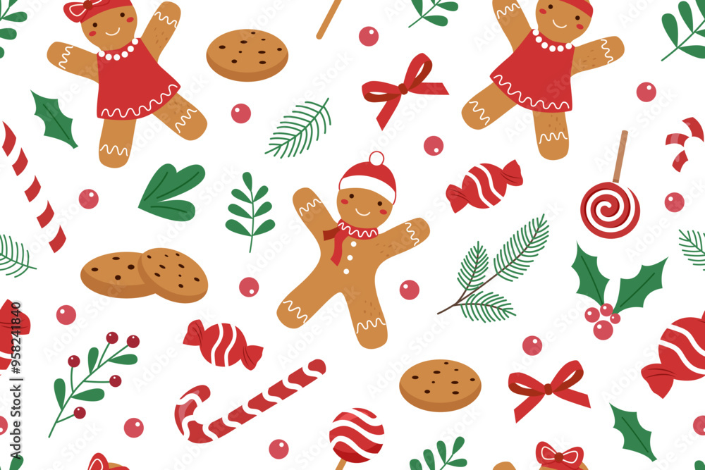 Naklejka premium Christmas seamless pattern of Christmas gingerbreads on white background. Christmas background. Christmas concept. Christmas gingerbread man.