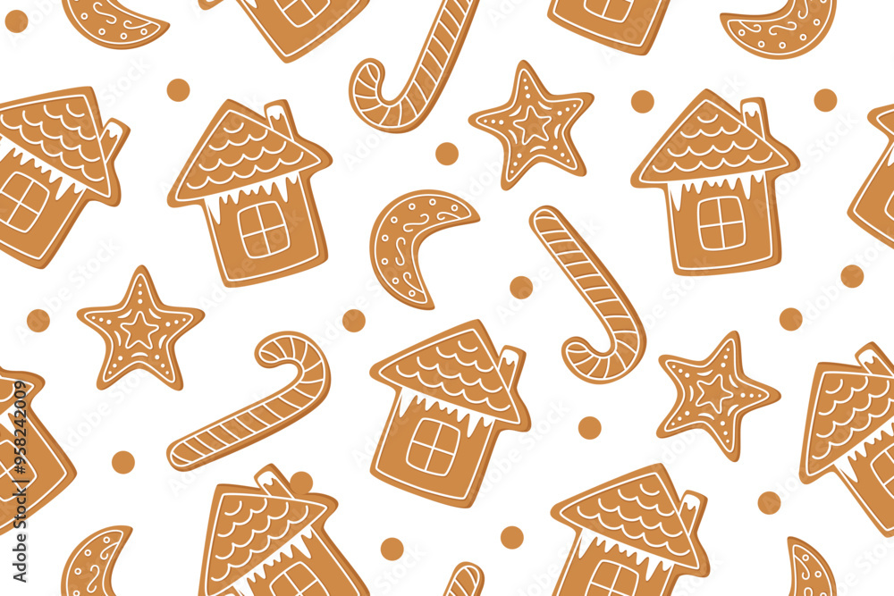 Christmas seamless pattern of Christmas gingerbreads on white background. Christmas background. Christmas concept. Christmas ornaments. Christmas seamless pattern of Christmas gingerbreads on white background. Christmas background. Christmas concept. Christmas ornaments.