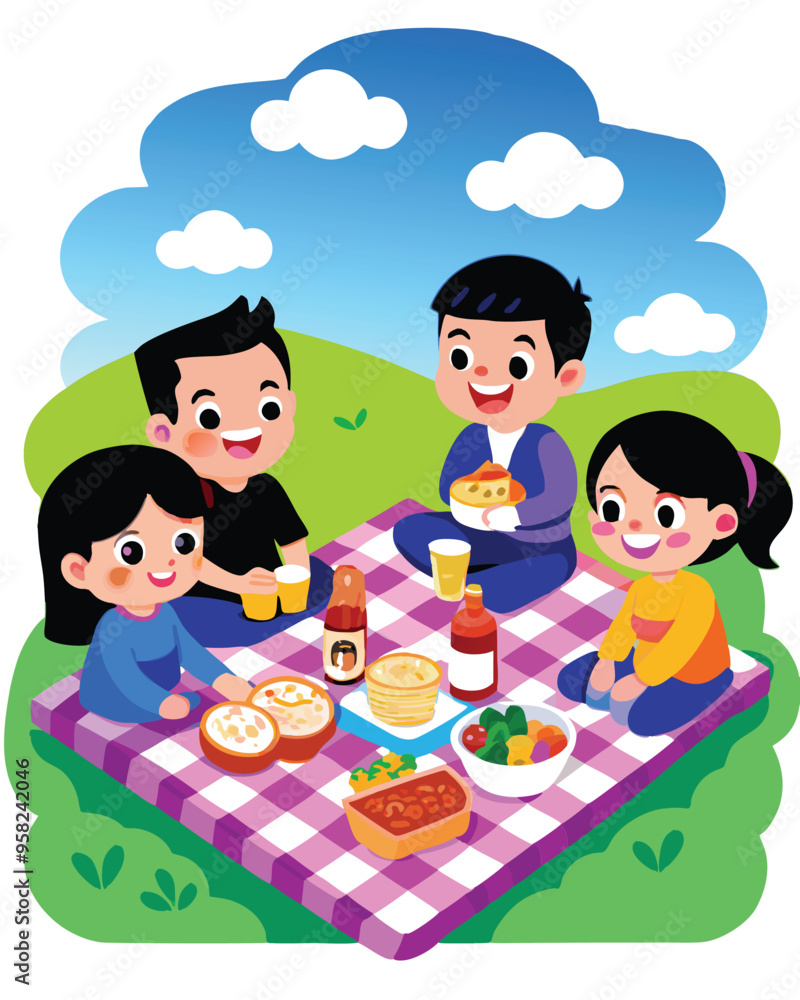 A group of friends enjoy a sunny picnic with a checkered blanket, food, and drinks. A group of friends enjoy a sunny picnic with a checkered blanket, food, and drinks.