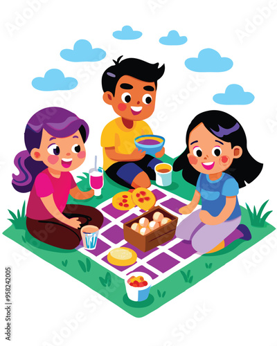 Three friends having a picnic in a sunny field, enjoying a meal and drinks.