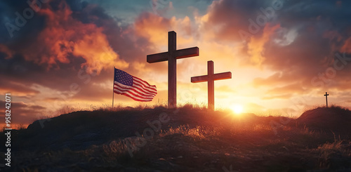 “Three Crosses on the Hill of Calvary with a Flowing American Flag” 