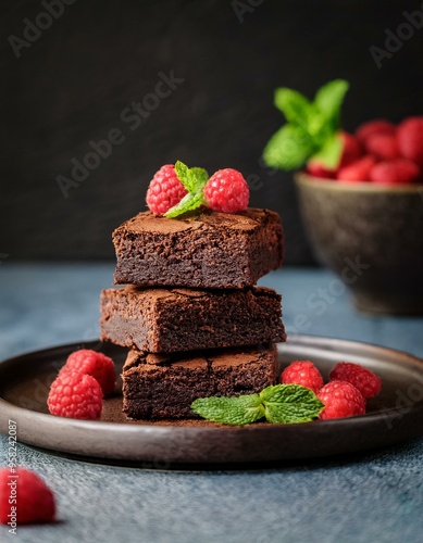 Indulgent Chocolate Brownies with Fresh Raspberries and Mint: A Decadent Dessert Delight photo