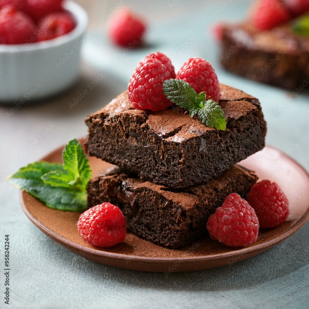Indulgent Chocolate Brownies with Fresh Raspberries and Mint: A Decadent Dessert Delight