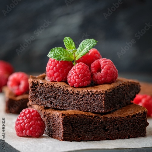 Indulgent Chocolate Brownies with Fresh Raspberries and Mint: A Decadent Dessert Delight