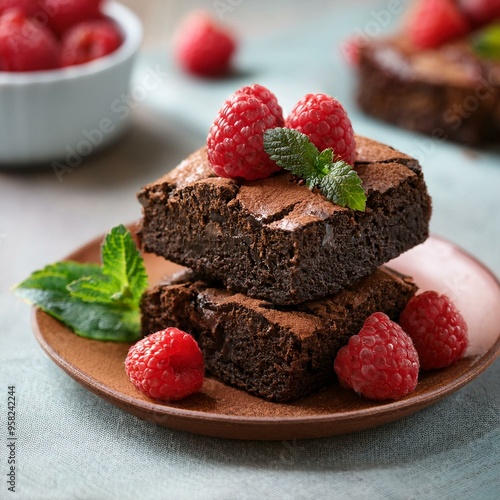 Obraz na płótnie Indulgent Chocolate Brownies with Fresh Raspberries and Mint: A Decadent Dessert Delight w salonie