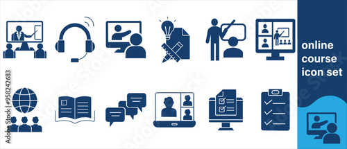 set of online course training skills seminar icon vector workshop human resource development conference teamwork coaching symbol collection illustration