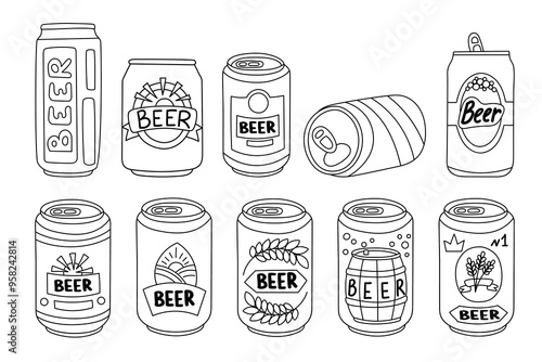 Set of beer cans in doodle style on white background. Oktoberfest concept. Beer festival concept. Drinks concept.