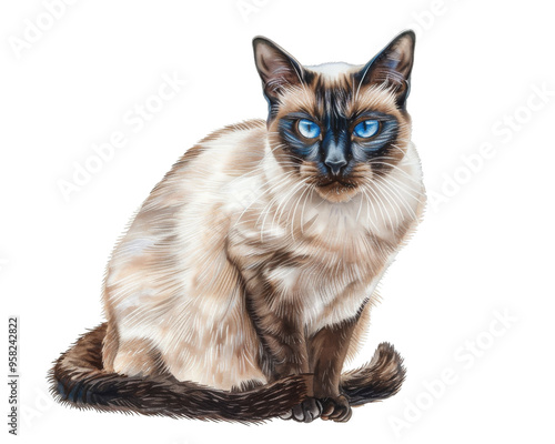 Sitting gracefully, this Siamese cat exudes curiosity with its striking blue eyes and elegant fur pattern. 