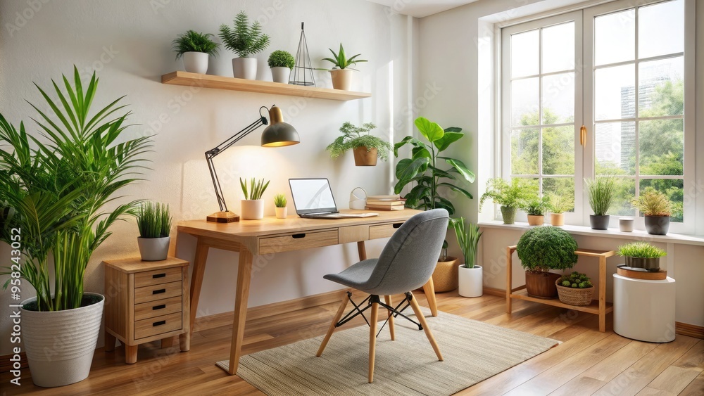 Calming home office sanctuary white walls wooden desk comfortable chair plants soft lighting laptop notebooks inspirational quotes water bottle Calming home office sanctuary white walls wooden desk comfortable chair plants soft lighting laptop notebooks inspirational quotes water bottle