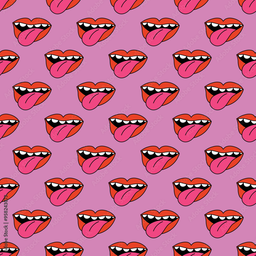 seamless square pattern - open mouth in punk rock style. Rock and roll ornament in funky and groove style of the 1970s. Good vibes only - psychedelic hippie print. Nostalgia for retro and bizarre char seamless square pattern - open mouth in punk rock style. Rock and roll ornament in funky and groove style of the 1970s. Good vibes only - psychedelic hippie print. Nostalgia for retro and bizarre char