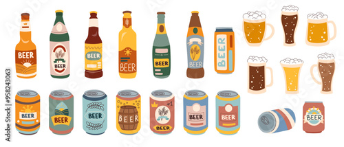 Set of beer bootles, cans and mugs isolated on white background. Oktoberfest concept. Beer festival concept. Beer brewing concept.
