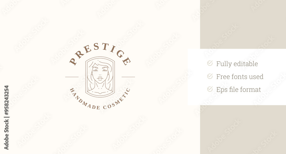 Gentle beautiful woman portrait in frame minimalist line art logo design template vector illustration. Elegant female face in border linear logotype natural organic cosmetic shop beauty salon brand Gentle beautiful woman portrait in frame minimalist line art logo design template vector illustration. Elegant female face in border linear logotype natural organic cosmetic shop beauty salon brand