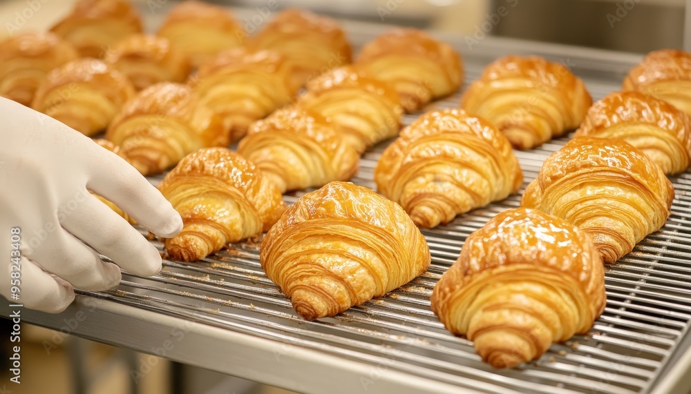 Freshly Baked Croissants Cooling Down, Golden Brown Pastry, Delicious Breakfast Treat Freshly Baked Croissants Cooling Down, Golden Brown Pastry, Delicious Breakfast Treat