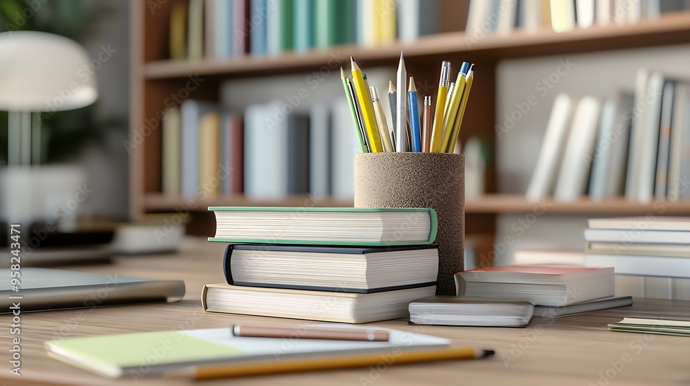 Classroom Desk with Books, Pencils, and Sunlight Classroom Desk with Books, Pencils, and Sunlight