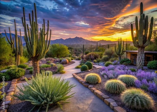 serene lavender Arizona cactus garden dusk photo