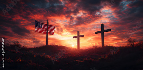 “Three Crosses on the Hill of Calvary with a Flowing American Flag” 