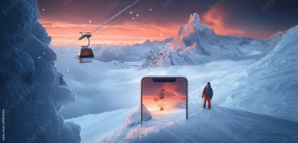 Phone in snowy mountains. Snow and ski lifts in the background. Advertisement. Winter tourism.