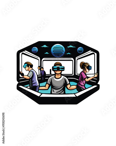 A group of people wearing VR headsets and playing virtual reality games inside a futuristic gaming arena.