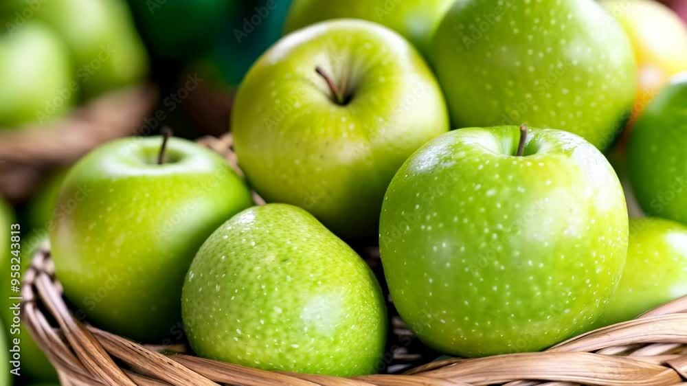 A close-up of fresh green apples in a wicker basket, perfect for illustrating concepts of healthy eating, autumn harvest, and Thanksgiving A close-up of fresh green apples in a wicker basket, perfect for illustrating concepts of healthy eating, autumn harvest, and Thanksgiving