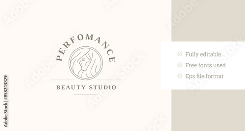 Beautiful young woman circle line art logo design template for coiffure vector illustration. Elegant feminine romantic lady with hair linear logotype for skin care cosmetic stylist cosmetology brand