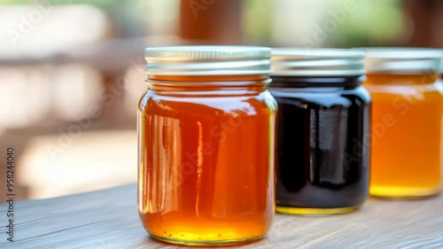 A row of jars filled with different types of golden and dark honey on a wooden table, ideal for Rosh Hashanah or Christmas gifts