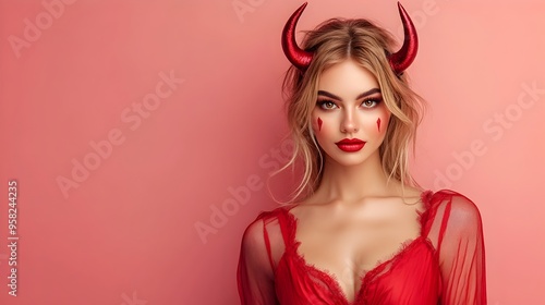 Alluring Devil Woman in Red Halloween Costume with Horns Posing against Vibrant Background