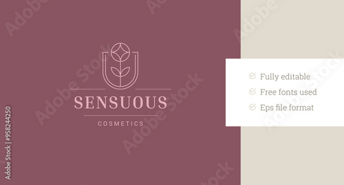 Organic natural flower geometric minimalist line art logo design template vector illustration. Beautiful creative abstract floral blossom linear logotype for spa wellness skin hair care cosmetology