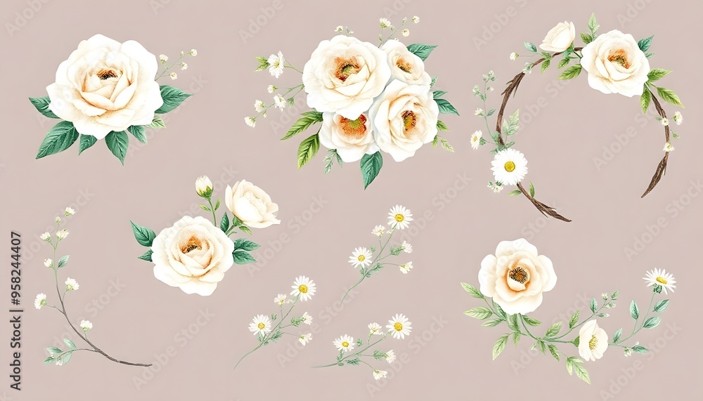 A floral wreath with pink and white flowers surrounded by greenery, with additional floral elements and leaves scattered throughout the image A floral wreath with pink and white flowers surrounded by greenery, with additional floral elements and leaves scattered throughout the image