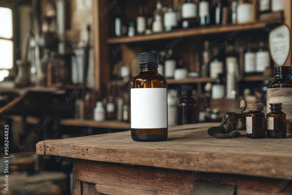 A brown glass bottle with a blank label on a wooden table in a vintage setting. A brown glass bottle with a blank label on a wooden table in a vintage setting.