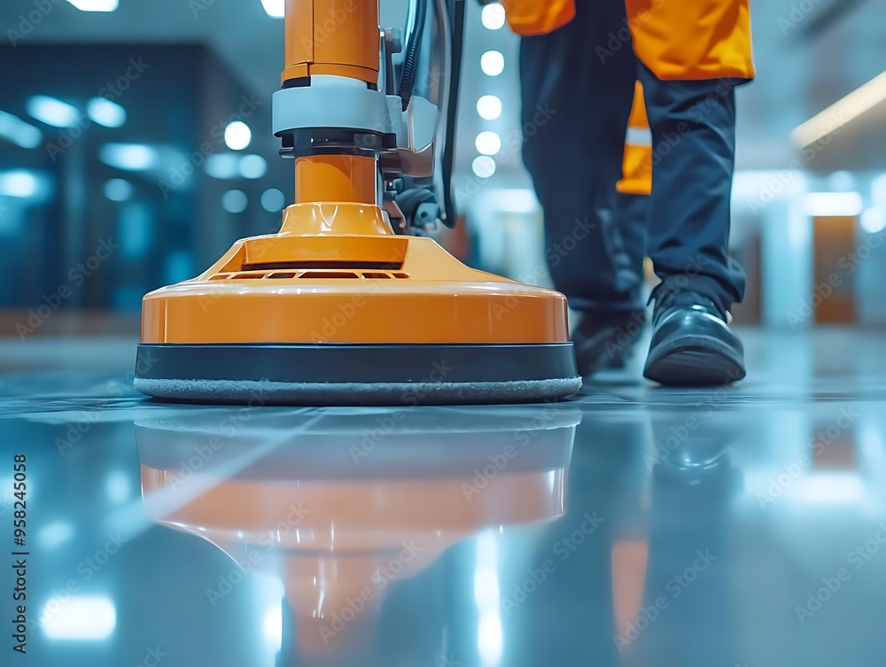 Floor Polishing Machine Cleaning Tile Floor Realistic Image Floor Polishing Machine Cleaning Tile Floor Realistic Image
