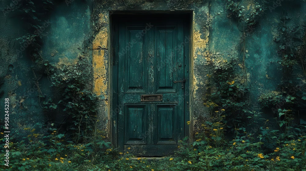 mysterious entrance to an old house weathered door with intricate details surrounded by overgrown vegetation moody lighting suggests abandonment and hidden stories mysterious entrance to an old house weathered door with intricate details surrounded by overgrown vegetation moody lighting suggests abandonment and hidden stories
