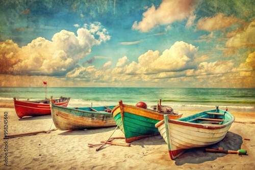 -vintage-inspired beach scene with distressed wooden boats and retro color palette photo