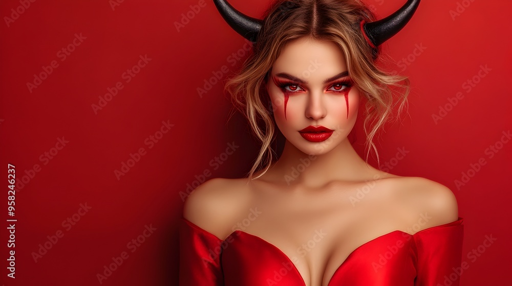 Captivating Devil Woman in Red Halloween Costume with Devil Horns