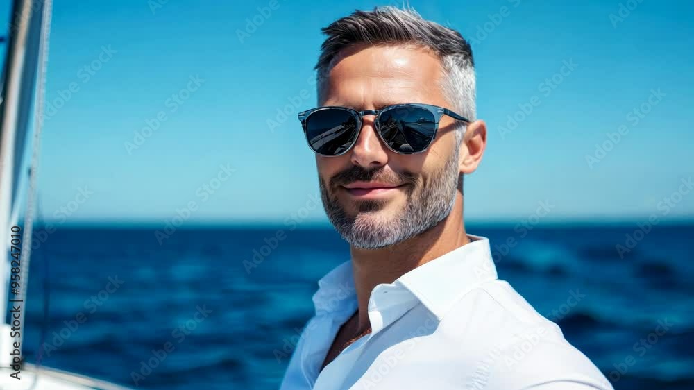 Confident middle-aged Caucasian man enjoying a sunny day sailing on a yacht, evoking themes of summer vacation and luxury lifestyle Confident middle-aged Caucasian man enjoying a sunny day sailing on a yacht, evoking themes of summer vacation and luxury lifestyle