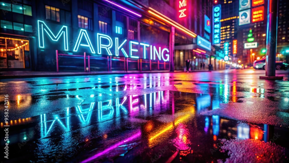 Glowing neon lights reflected on wet pavement at night with marketing words in bold modern font, high contrast, dark moody atmosphere, and cinematic flair Glowing neon lights reflected on wet pavement at night with marketing words in bold modern font, high contrast, dark moody atmosphere, and cinematic flair