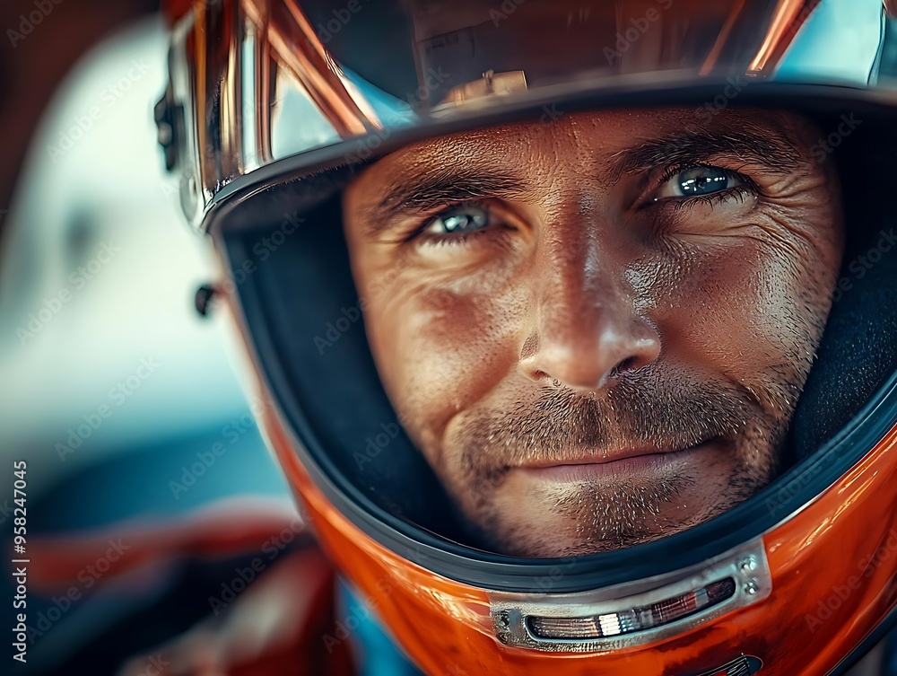 Closeup Portrait of a Race Car Driver in an Orange Helmet - Realistic Photo