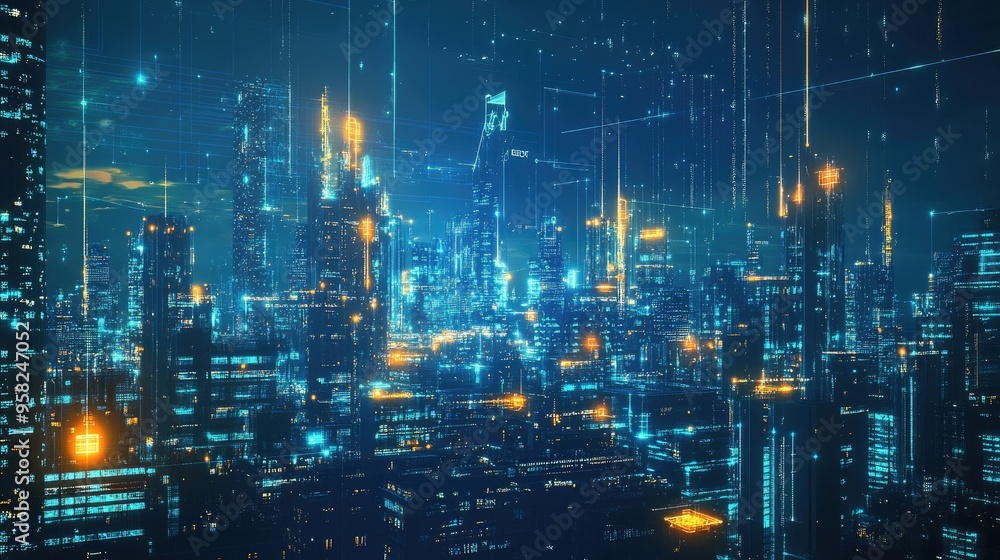 Obraz premium A futuristic smart city with a glowing communication network overlay, ample copy space, no people.