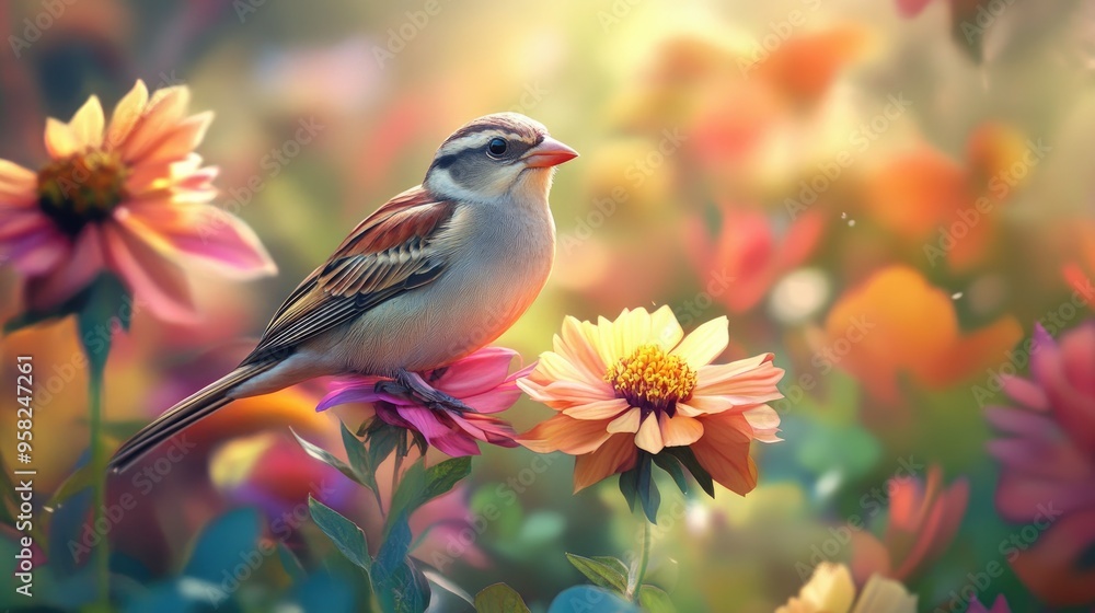 A bird perched on a colorful flower, its delicate form contrasting with the vibrant blooms. A bird perched on a colorful flower, its delicate form contrasting with the vibrant blooms.