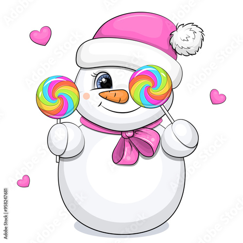 A cute cartoon snowman in a pink hat is holding two lollipops. Vector illustration on white background with pink hearts. photo