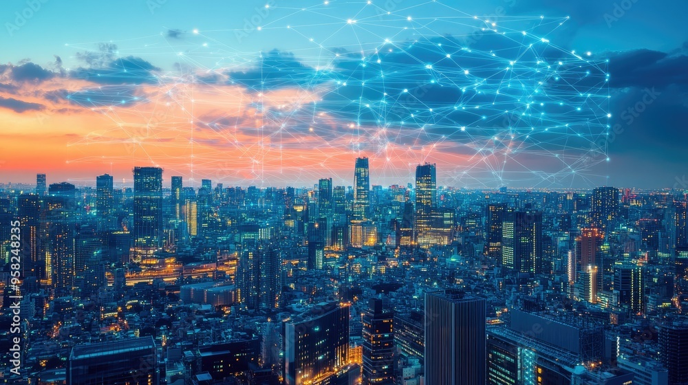 Fototapeta premium A vibrant smart city with digital network overlays, clear copy space, no people.