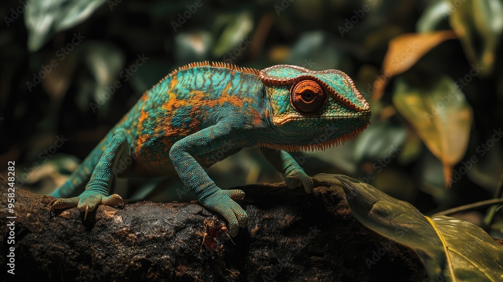 Obraz premium A Chameleon Panther hunting for insects, its eyes focused intently on its prey.