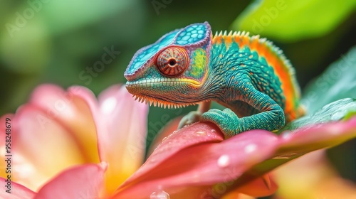 A Chameleon Panther perched on a flower, its bright colors contrasting beautifully with the delicate petals. photo