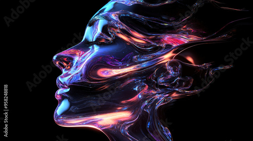 Close-up of rainbow-colored holographic liquid metal human head against black background, showcasing an abstract distorted futuristic fluid organic form.