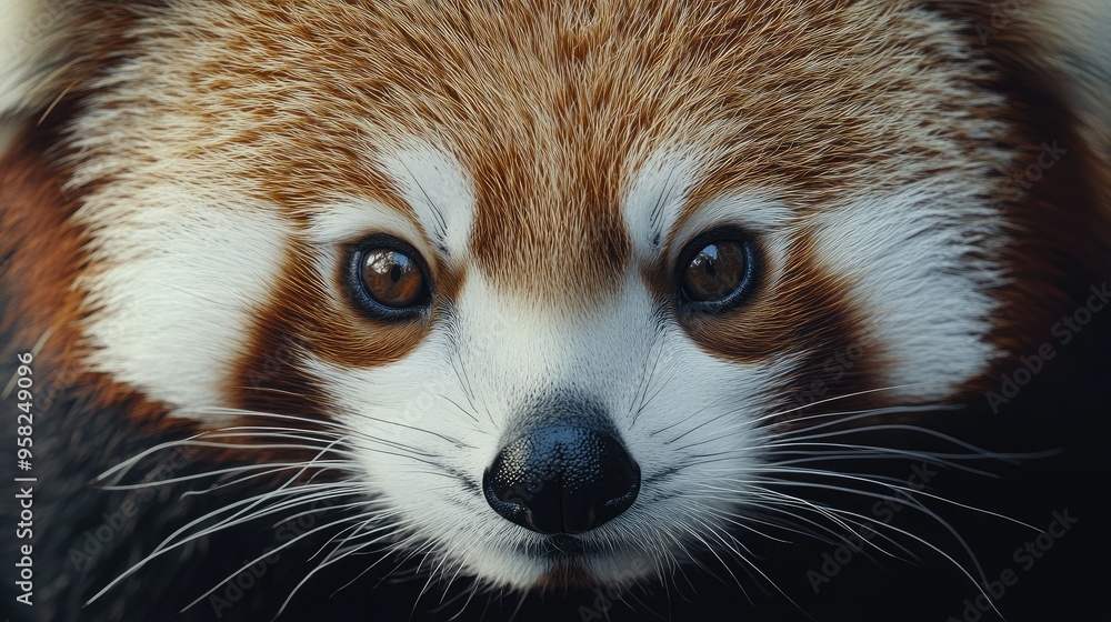A close-up of a Himalayan red panda's face, showcasing its distinctive black and white markings and inquisitive eyes. A close-up of a Himalayan red panda's face, showcasing its distinctive black and white markings and inquisitive eyes.