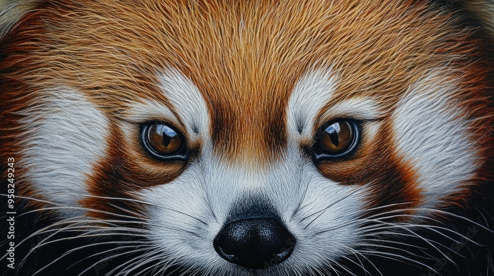 A close-up of a Himalayan red panda's face, showcasing its distinctive black and white markings and inquisitive eyes. A close-up of a Himalayan red panda's face, showcasing its distinctive black and white markings and inquisitive eyes.