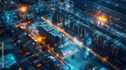 Aerial shot of a distribution center with a glowing communication network. No people, room for text.